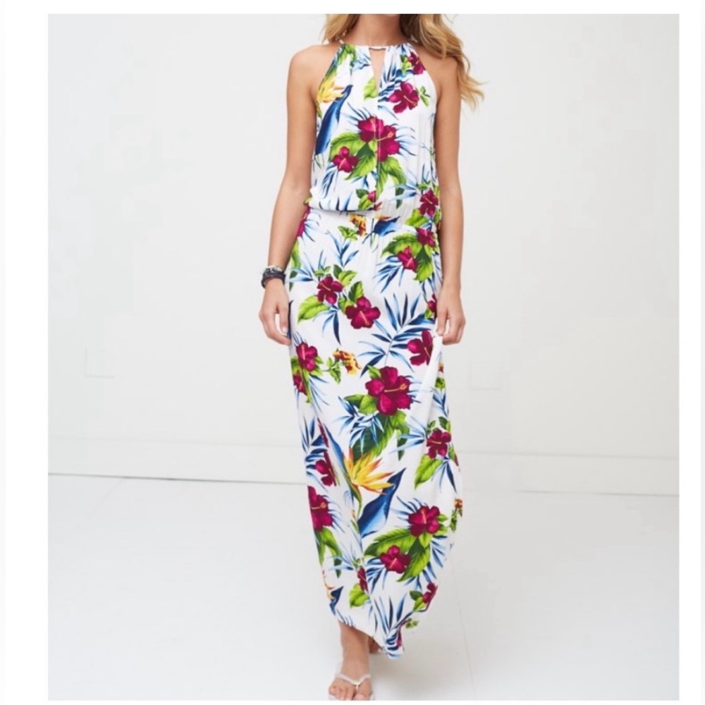 Tropical Floral Halter Maxi Dress - White with Multicolor Floral